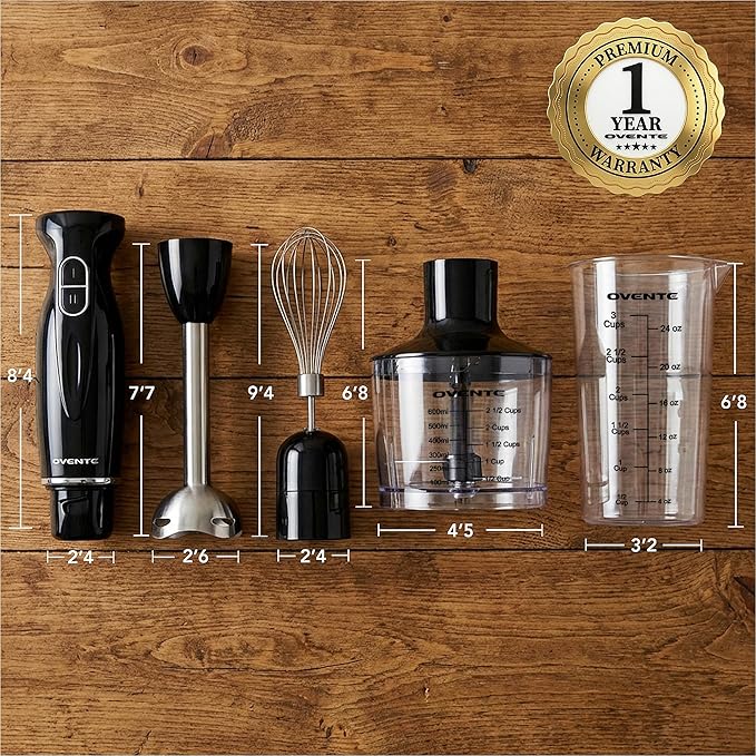 OVENTE Immersion Hand Blender Set, 300W Electric Handheld Stick Mixer, 2 Mixing Speeds with Stainless Steel Blades, Egg Whisk, Beaker & BPA-Free Food Chopper, Black HS565B