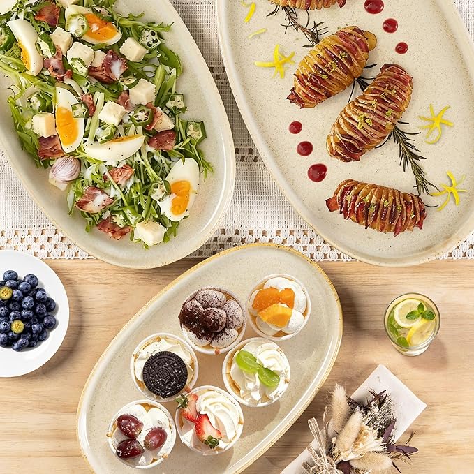 theterra Ceramic Serving Platter, 15.6"/14.4"/12.2" Oval Serving Dishes for Entertaining, Oven Safe, Microwave Safe, Serving Plates Set of 3 for Wedding, Party, Turkey, Cappuccino