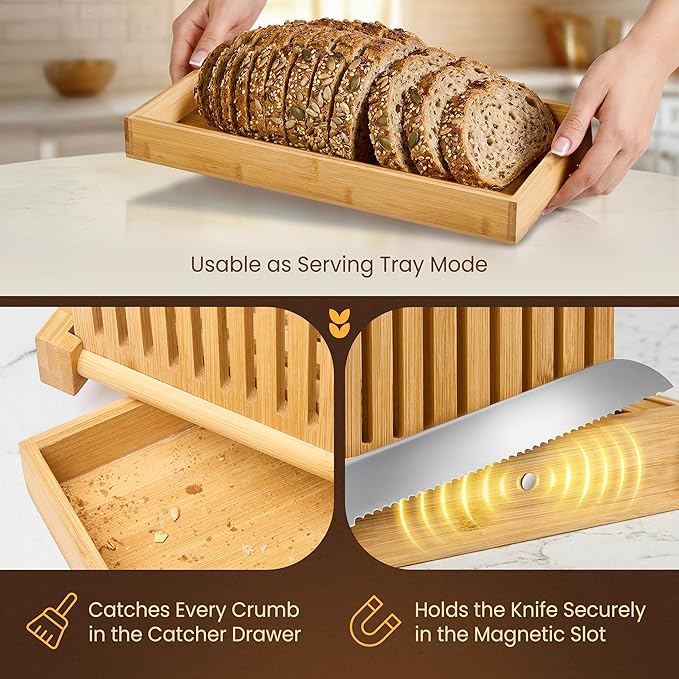 Bread Slicer Guide for Homemade Bread 3-In-1 Set: Sourdough Rounds Slicer, Baguette Cutter & Sandwich Sealer | Bread Loaf Slicing, Adjustable Bamboo Bread Cutter With Knife & Magnetic Slot