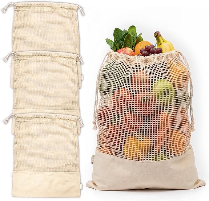 LEAFICO Reusable Produce Bags – 100% Cotton Mesh & Solid Hybrid (Medium 10x12 inch 3 Pcs) – Grocery Storage Bags for Fruit, Vegetables, Bulk Food – Washable, Plastic-Free, Breathable, Zero Waste