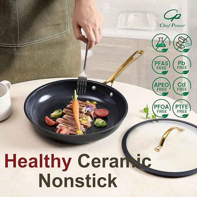 Chef Power Ceramic Cookware Sets, 10Pcs Pots and Pans Set Non Stick, Cookware Set with Stainless Steel Handle, Dishwasher & Oven Safe, Stone Black and Light Gold Handle
