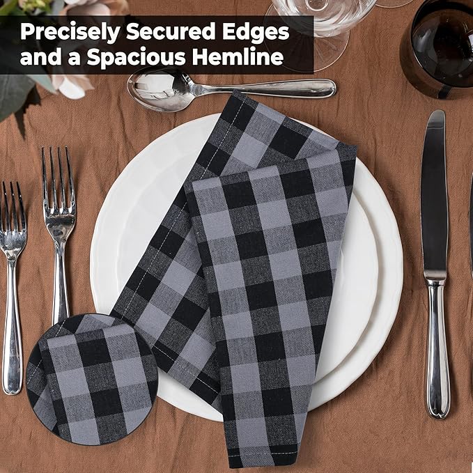 Urban Villa Cotton Dinner Napkins Set of 12, Highly Absorbent Soft Premium Cloth Napkins 20x20 Inches, Hotel Quality Reusable & Washable Table Dinner Napkins for Home - (Grey/Black, Buffalo Checkerd)