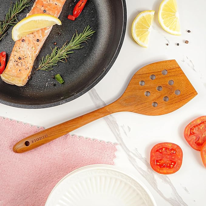Teak Wooden Spatula for Cooking – Natural Non-Stick, Handcrafted Kitchen Utensils with Round Slotted Turner, Comfort Grip & Microfiber Cloth