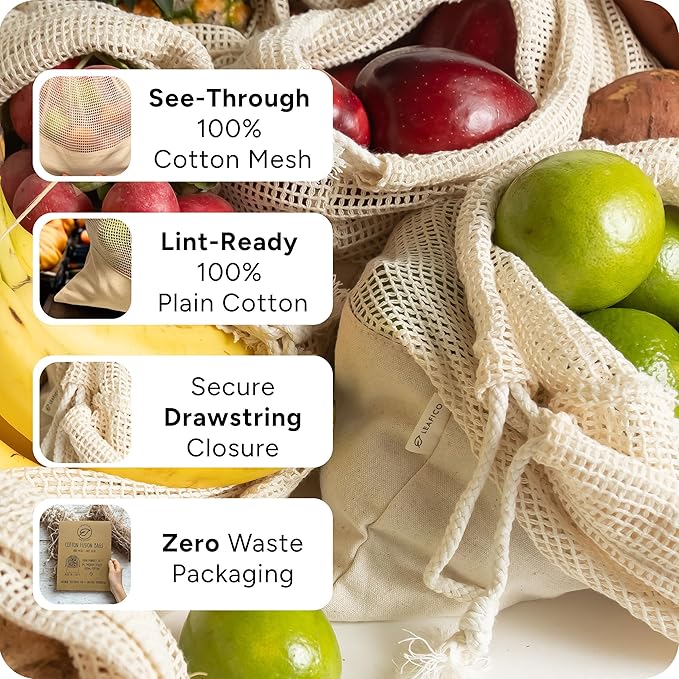 LEAFICO Reusable Produce Bags – 100% Cotton Mesh & Solid Hybrid (Medium 10x12 inch 6 Pcs) – Reusable Grocery Bags for Apples, Carrots, Bulk Vegetables – Washable, Plastic-Free, Breathable, Zero Waste