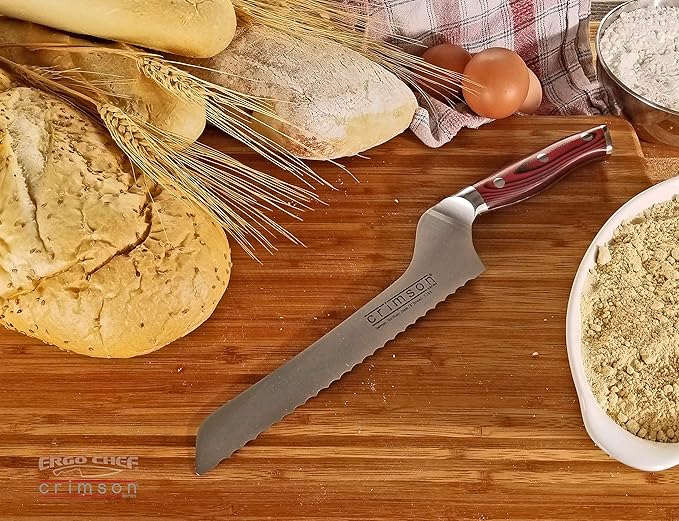 Ergo Chef Crimson Series 8-Inch Serrated Offset Bread & Deli Knife - High-Carbon German X50CrMoV15 Stainless Steel Blade - Durable G10 Fiberglass Handle