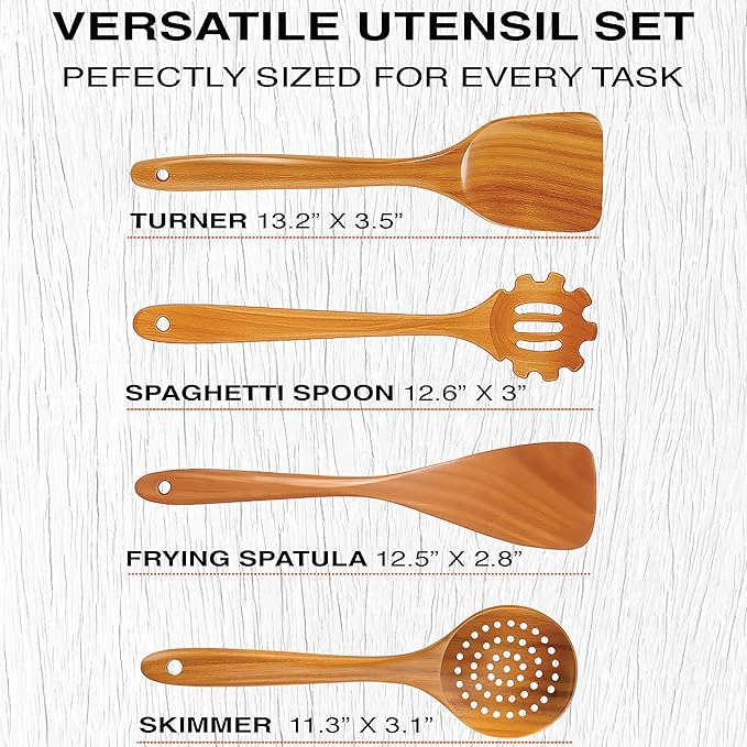 Extra-Large 4-Piece Teak Wooden Utensil Set – Non-Stick Wooden Spatula for Cooking, Skimmer Spoon, & Pasta Spoon – Premium Non Toxic Cooking Utensils