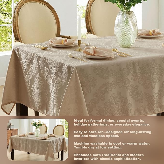 Newbridge Barcelona Luxury Damask Fabric Tablecloth, 70” Extra Wide x 126” Rectangle, Golden Beige, 100% Polyester, No Iron, Soil Resistant Dining Room, Party and Banquet Table Cover