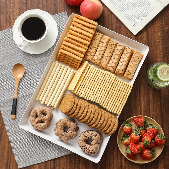 8 Pack, 16" x 11" Large White Serving Trays Set - Reusable Plastic Serving Platters for Cookie, Appetizer, Charcuterie, Snack, Dessert, Party Food Display - Stackable Kitchen CounterTop Tray, BPA Free