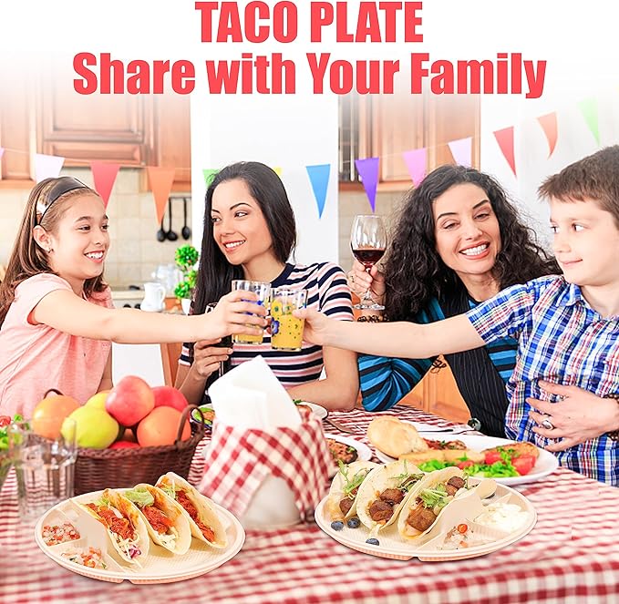 LUVCOSY 10'' Large Disposable Taco Plates, 3-Taco & 4-Sides, Biodegradable Cornstarch Taco Holder, Big Size Fit Soft & Hard Tortilla, Sturdy & Microwave Safe, Bar Serving Set For A Party- 60 Pack