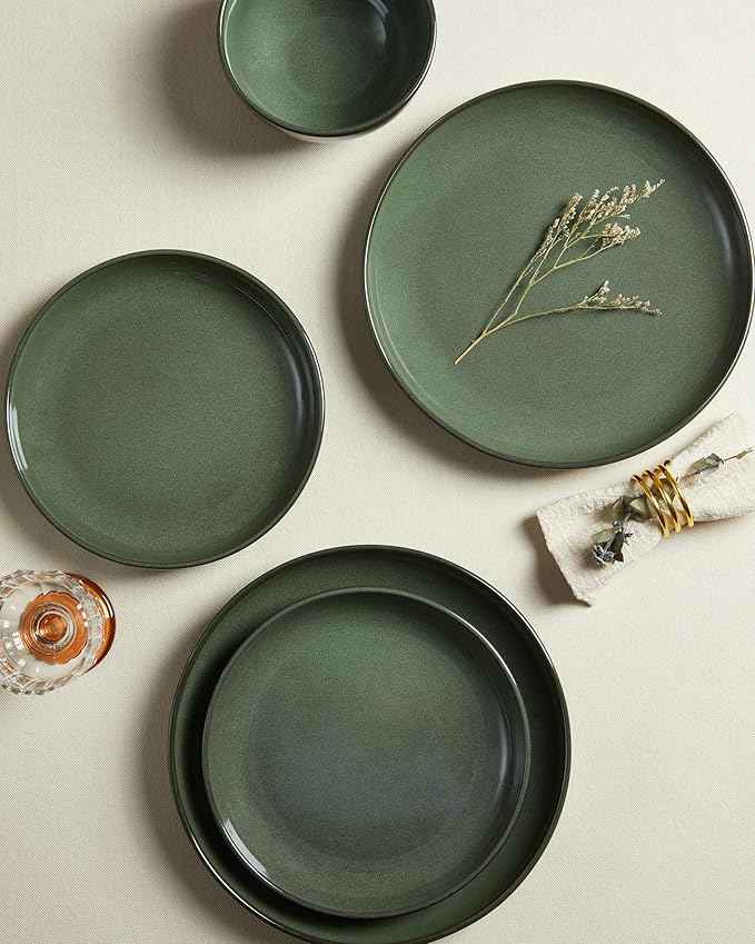 Stoneware Dinnerware Sets for 6, 18 Piece Microwave Safe Plate and Bowl Set, Easy to Clean & Durable Dishes Sets for Small to Medium Families, Forest Green
