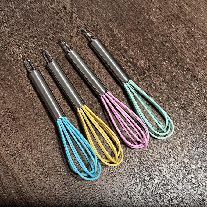 Mini Whisks 6 inch 4Pcs silica gel stainless steel Whisk, Hand Egg Mixer for Flour Cake Egg, Kitchen Cooking Baking Use Whisk （purple，yellow，cyan，blue）