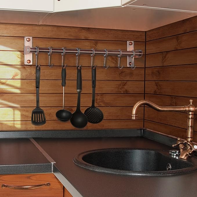 Dseap Kitchen Utensil Holder Hanger, Pot and Pan Rack Wall Mount, Kitchen Rail with 8 Hooks for Hanging Cooking Utensils, Mugs, Spoons, Wall Mounted, Stainless Steel, Antique Copper
