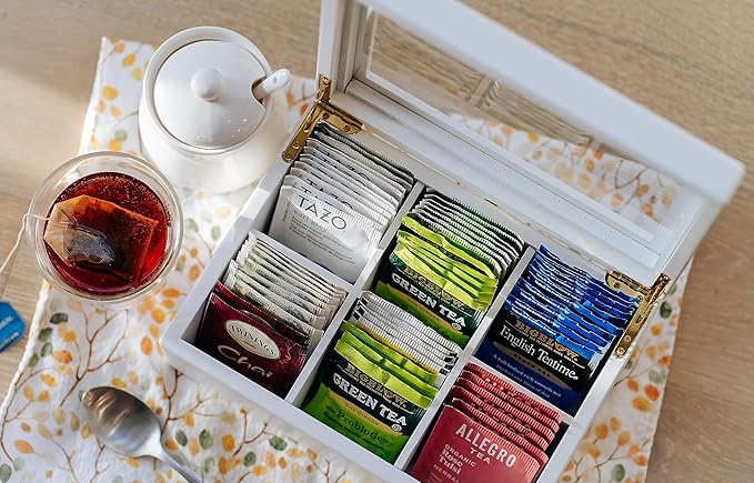 Break Tradition Wooden Tea Organizer For Tea Bags - Wooden Tea Chest With 6 Compartments - Clear Top Window - Lid Stays Open (White)