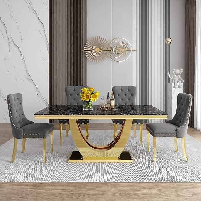 Marble Dining Table Set for 6,70" Black Faux Marble Kitchen Tables and Velvet Chairs for 6,7 Piece Luxury Dining Room Table Set and 6 Upholstered Chairs with Gold Stainless Steel Bases