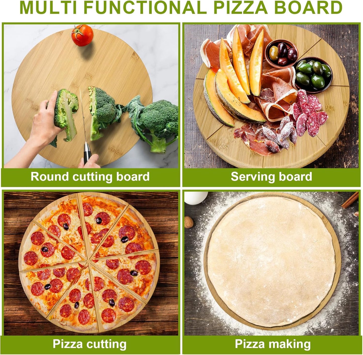 18" Pizza Cutting Board Extra Large Round Cutting Boards Double Sided 2XL 18inch Tray Pizza Oven Accessories Prep Board Paddle Wooden with Cutting Grooves Circular Circle Bamboo Serving Platter