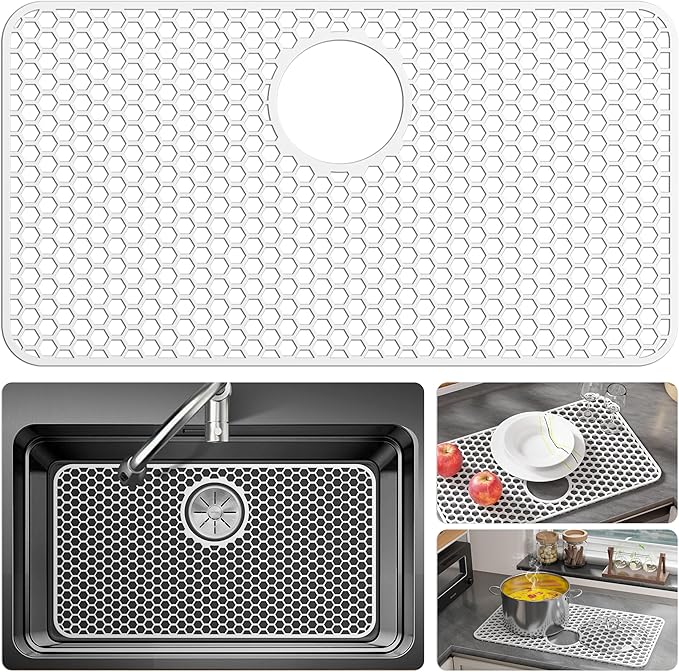 Bestjing Silicone Sink Protectors for Kitchen Sink - 26"x 14" Kitchen Protector Accessory, Non-Slip Heat Resistan Mat for Bottom of Farmhouse Stainless Steel Porcelain (Rear Drain Hole,White)