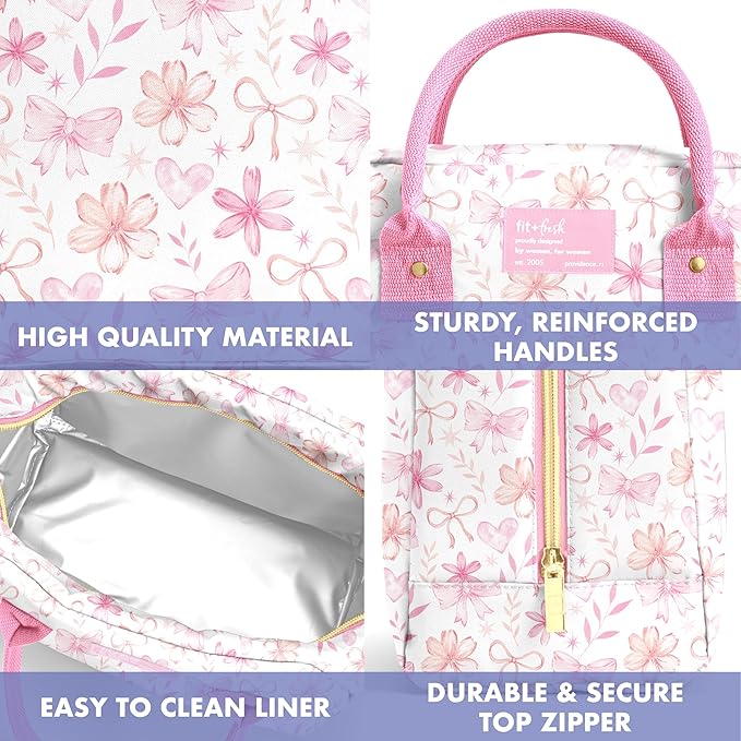 Fit & Fresh Bloomington Lunch Bag for Women - Insulated Large Lunch Box for Work with Containers, Leak-Resistant, Stain-Resistant, Zipper Closure, Sweet Floral Bows