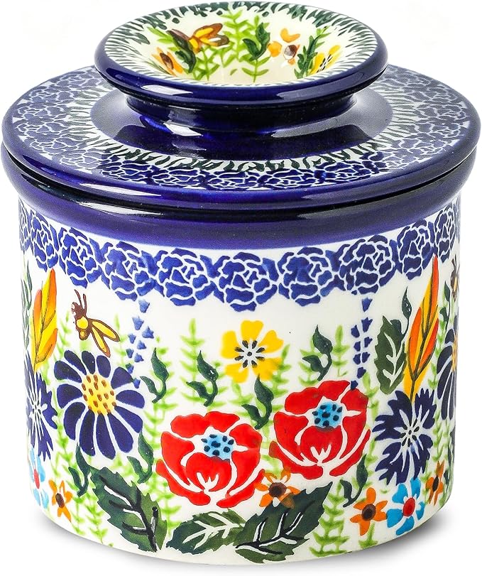 French Butter Crock with Lid for Countertop,Handpainted Floral Butter Keeper with Water Seal Line, Farmhouse Ceramic Butter Container Airtight for Soft Spreadable Butter,Housewarming Gifts