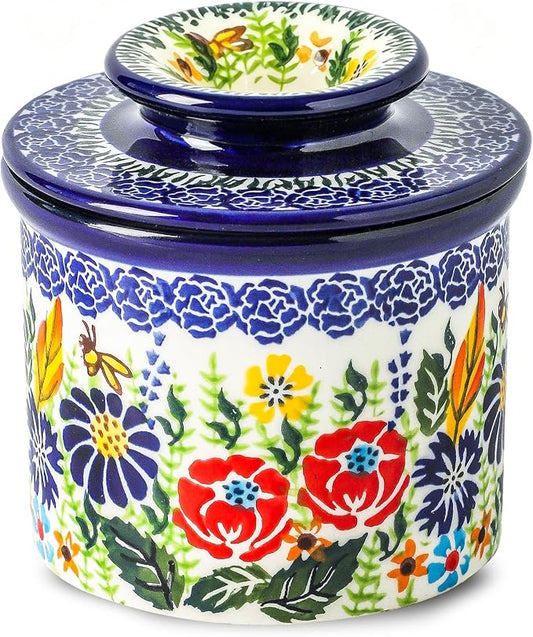 French Butter Crock with Lid for Countertop,Handpainted Floral Butter Keeper with Water Seal Line, Farmhouse Ceramic Butter Container Airtight for Soft Spreadable Butter,Housewarming Gifts