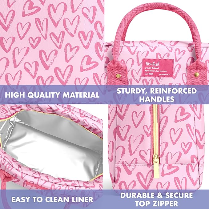 Fit & Fresh Bloomington Lunch Bag for Women - Insulated Large Lunch Box for Work with Containers, Leak-Resistant, Stain-Resistant, Zipper Closure, Pink Doodle Hearts
