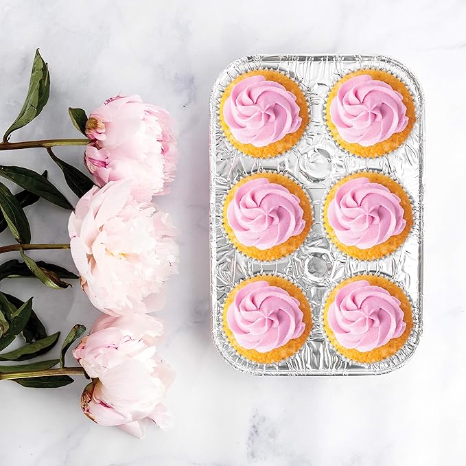 PLASTICPRO Aluminum Foil Muffin Pans Reusable and Disposable, Holds 6 Cupcakes/Muffin & Pie foil Pan Pack of 20