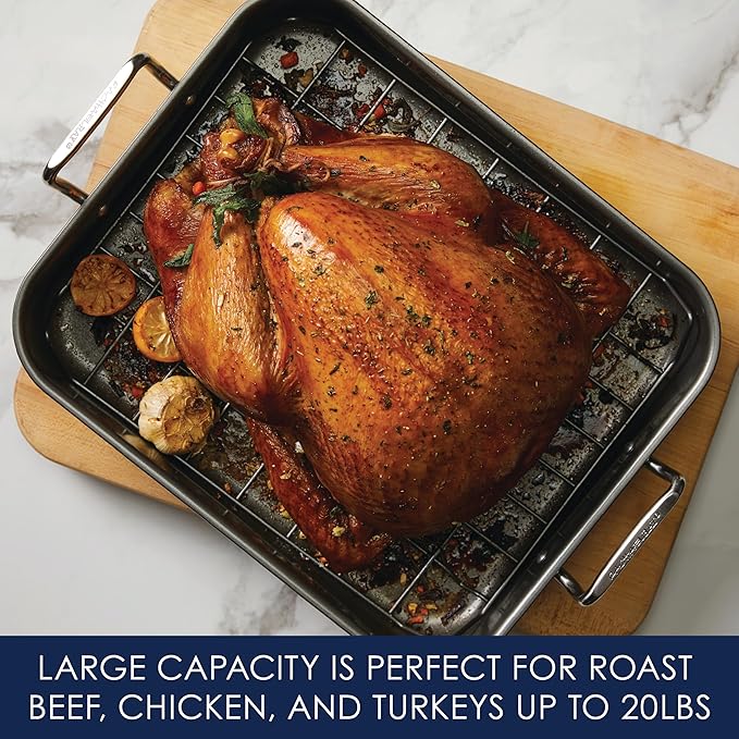 Rachael Ray Brights Hard Anodized Nonstick Roaster / Roasting Pan with Rack - 16 Inch x 12 Inch, Gray