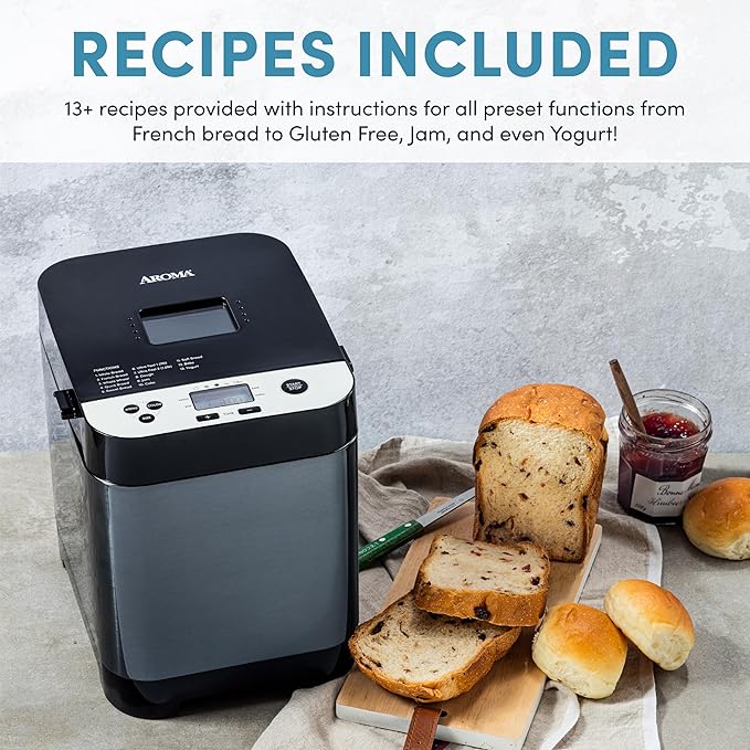 AROMA® 1.5lbs. Digital Bread Maker with Crust Customization, Clear-View Lid, and Nonstick Baking Pan, Black (ABM-250)