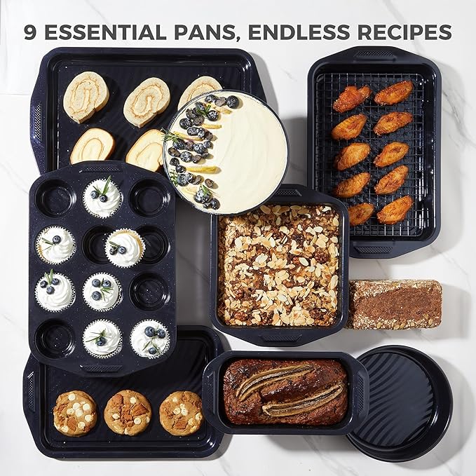 HONGBAKE 9-Piece Non Stick Baking Pans Set with Wave Texture for Reduced Oil, 0.8mm Thick Non Toxic Bakeware Sets, Includes Stackable Cookie Sheets for Oven Cooking, Cake Pan, Muffin Pan, Blue