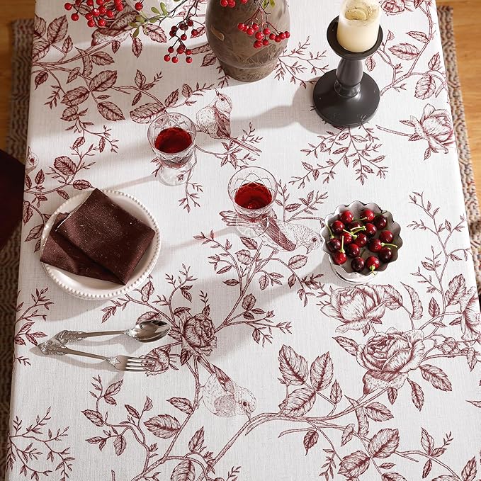 ISAENNE Designer Vintage Linen Table Cloth for Rectangle Table,Red Floral Pattern Linen Stain Resistant Tablecloth,Decor Tablecloths for Dining Thanksgiving Kitchen Party,55"*79"-Harmony