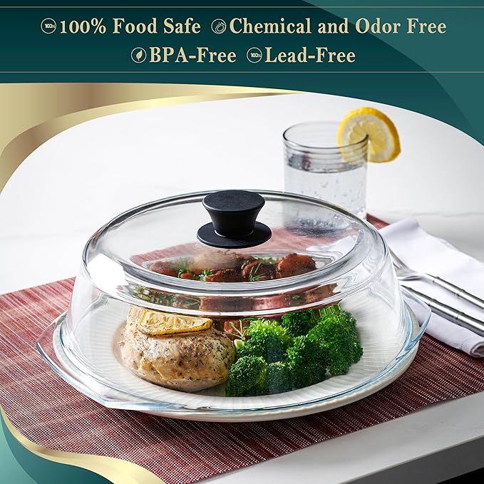 Le’raze Tall Glass Microwave Splatter Cover for Food - Cookware & Bakeware Serving Dish Cover, Plate Guard Lid with Easy Grip Silicone Handle Knob - 100% Food Grade BPA Free & Dishwasher Safe - 10in