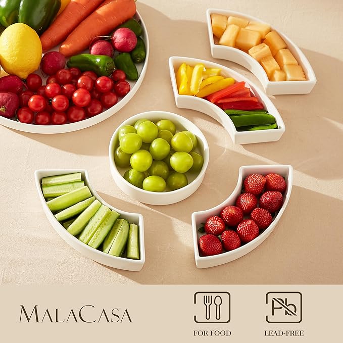 MALACASA Porcelain Divided Serving Dishes, Appetizers Tray, Serving Tray for Party - Perfect for Chips and Dip, Fruit, Veggies, Candy and Snacks, Divided Serving Platter, Relish Tray, White