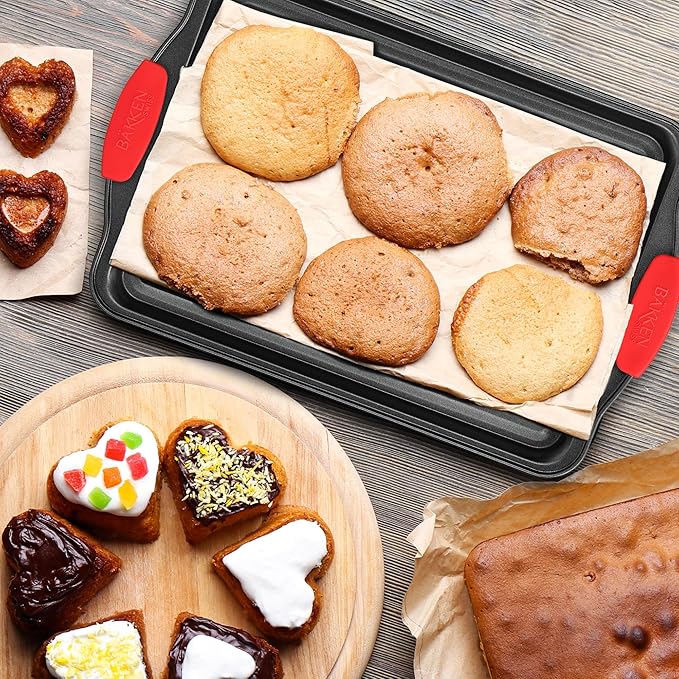 Nonstick Cookie Sheet Pan Carbon Steel Oven Tray Sheet Pan with Red Silicone Handles -large Bakeware Pan Tray with Gray Coating Inside & Outside (Pack of 2)