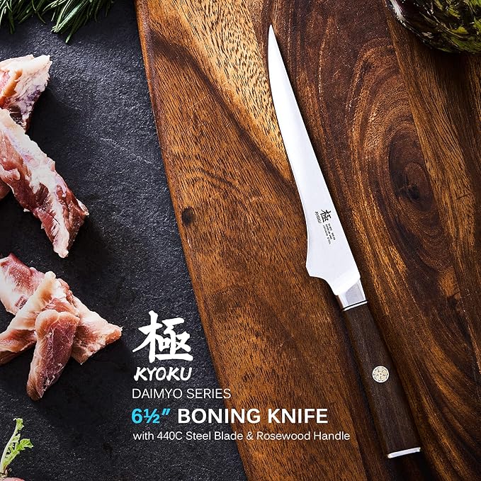 KYOKU 6.5 Inch Boning Knife - Daimyo Series - Butcher Knife with Ergonomic Rosewood Handle, and Mosaic Pin - Japanese Style 440C Stainless Steel Kitchen Knife with Sheath & Case
