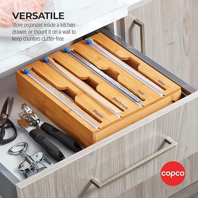 Copco In Drawer or Mounted 4 Compartment Organizer for Plastic, Foil, Wax and Parchment Paper featuring Easy Slide Tabs for Perfect Cut, With 21 Customizable Labels, Bamboo, 13.3 x 11 x 3 Inch