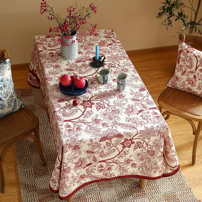 ISAENNE Designer French Linen Extra Long Rectangle Tablecloth,Red Floral Washable Indoor Table Cloth,Durable Home Decor Tablecloths for Dining Thanksgiving Kitchen Party,63"*110"-Ruyi A