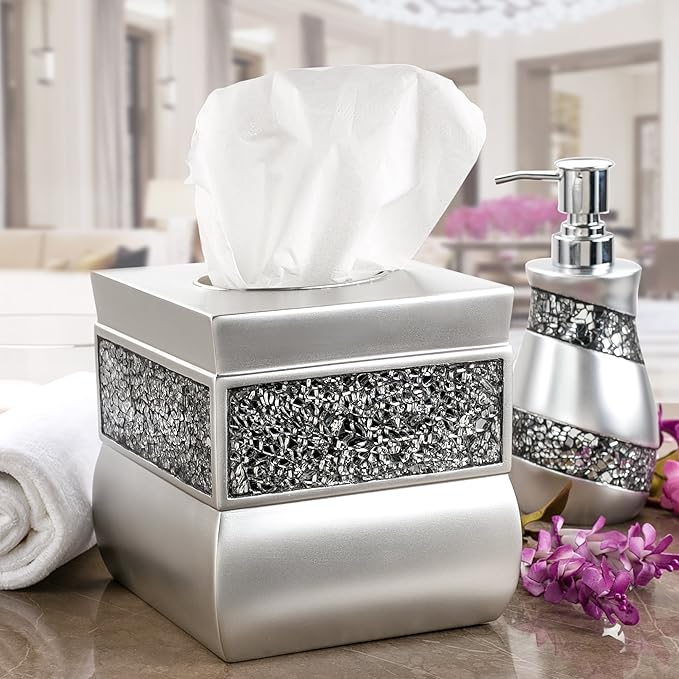 Creative Scents Crackled Glass Silver Tissue Box Cover Square - Decorative Tissue Box Holder - Tissue Holder Vessel for Bathroom with Durable Bottom Slider, Elegant Home or Bathroom Decor