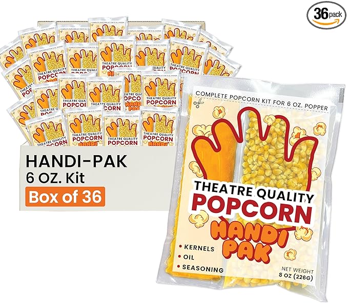 Handi-Pak Gourmet Popcorn Kit, 36 Pre-Portioned Packs for 6 oz Poppers, Movie Theater Style, Butter Coconut Oil, Popcorn Packet with Kernels & Seasoning