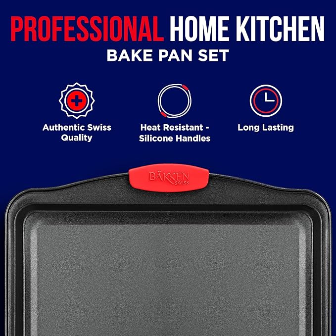 Nonstick Cookie Sheet Pan Carbon Steel Oven Tray Sheet Pan with Red Silicone Handles -large Bakeware Pan Tray with Gray Coating Inside & Outside (Pack of 2)