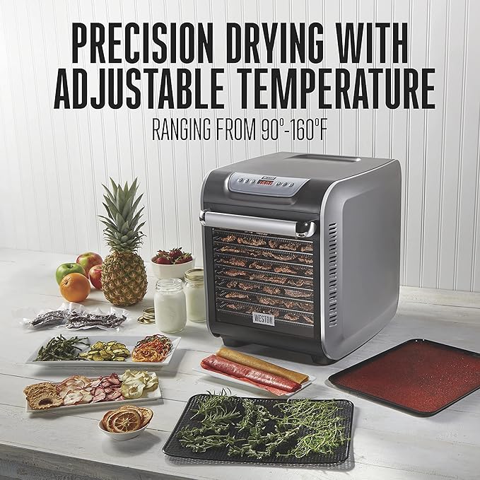 Weston Food Dehydrator Machine for Jerky, Fruit, Meat, Herbs, Vegetables, with Precision Digital Temperature Control (90-160F), 10 Stackable Trays (10.3 sq. ft.), Gray (75-1001-W)