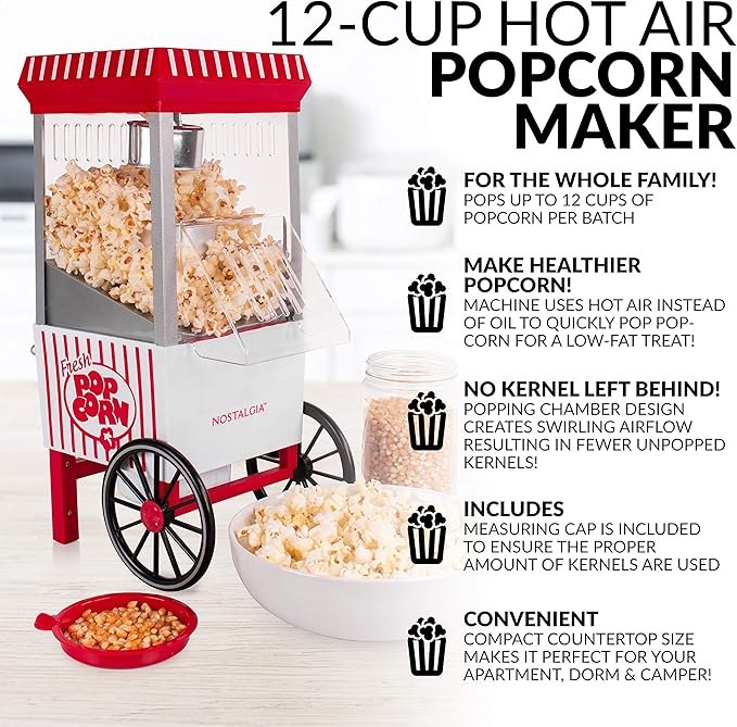 Nostalgia OFP521 Vintage Healthy Hot-Air Tabletop Popcorn Maker, Makes 12 Cups, With Kernel Measuring Scoop, Oil Free, Perfect for Birthday Parties, Movie Nights – Candy Stripe Red/White
