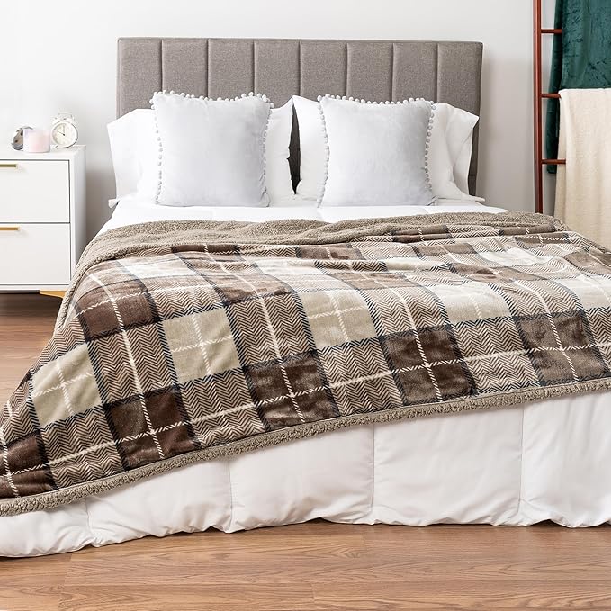 Pavilia Taupe Plaid Sherpa Throw Blanket - Plus Plush Flannel Fleece Blanket - Warm Cabin Sofa Bed Winter Throws 50x60
