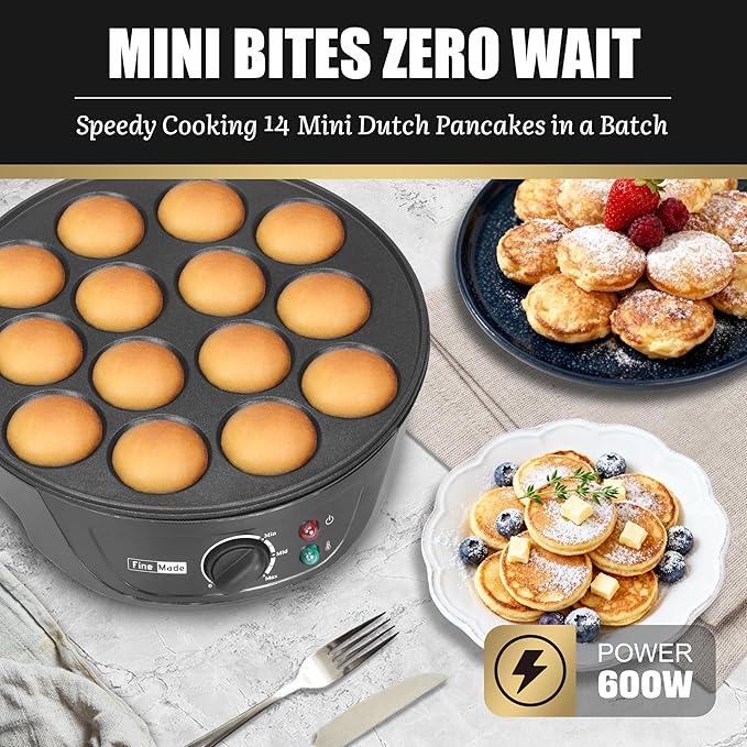 FineMade Non Stick Mini Pancakes Maker Machine, Electric Poffertjes Pan with Browning Control, Small Ebelskiver Aebleskiver Pan, Dutch Mini Pancake Maker, with Brush & Forks, 14 Slots, Black