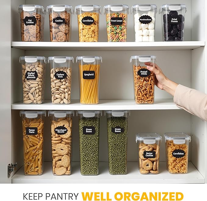 KICHLY Airtight Food Storage Containers Set with Lids – 24 Pack BPA-Free Plastic Pantry Organizers for Cereal, Flour, Sugar & Dry Food (Clear)