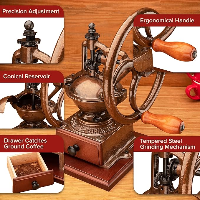 Manual Burr Coffee Grinder - Heavy Cast Iron Coffee Bean Burr Grinder with Adjustable Grind Settings, Hand Crank, and Vintage Design - Italian Made Espresso Accessories by Classic Cuisine (Copper)