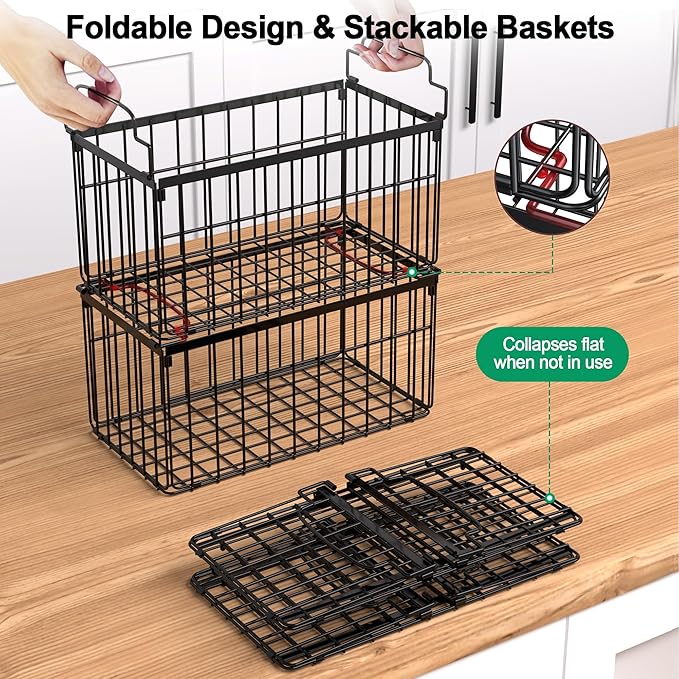 Freezer Organizer Bins, 2 Pack Stackable Deep Chest Freezer Organizer Bins, Foldable Freezer Baskets with Handles, Black Freezer Storage Organizer Baskets for 5/ 7 Cu.FT Sort Frozen Meats