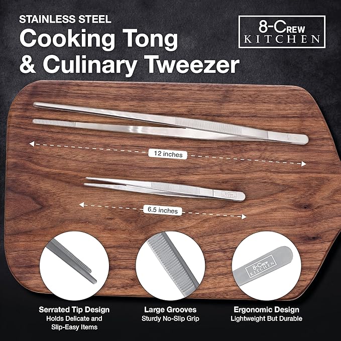 8-CREW KITCHEN Professional Chef Tongs 2 pc Set - 12” 304 Stainless Steel Tweezer for Cooking and Multi-Use - 6” Culinary Tweezer for Plating, Bar and Food Decorating