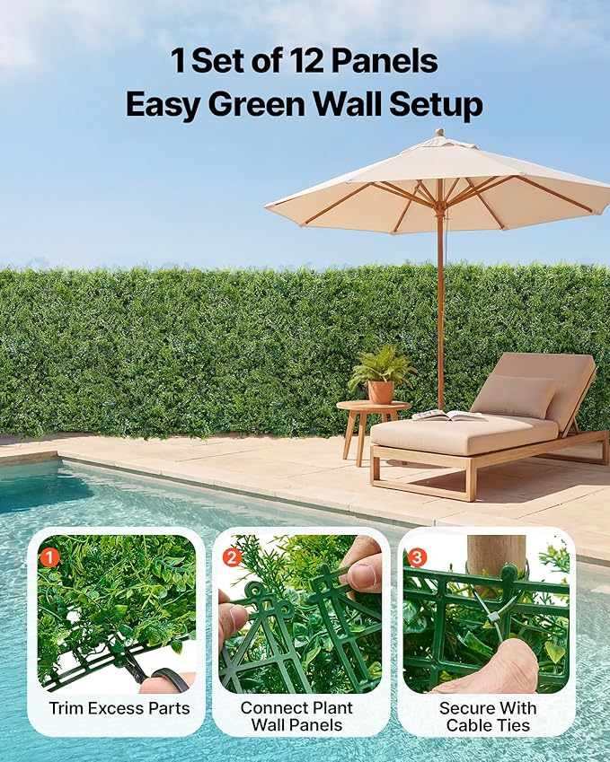 VEVOR Artificial Plant Wall, 12PCS 20 x 20 in Artificial Boxwood Panels, Sun Protection Greenery Backdrop Privacy Hedge Fence, Fake Grass Screen for Wedding, Indoor, Outdoor Garden, Backyard,Ferns