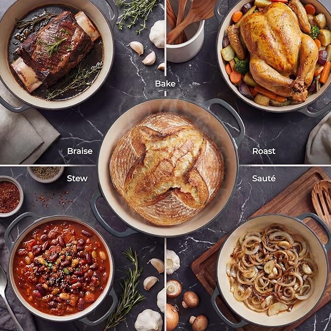 Zulay Kitchen 5 Quart Enameled Cast Iron Dutch Oven Pot with Lid – Premium Durability & Oven Safe up to 500°F – Heavy Duty Cookware Perfect for Bread Baking, Stews, Braising & Roasting – Gray