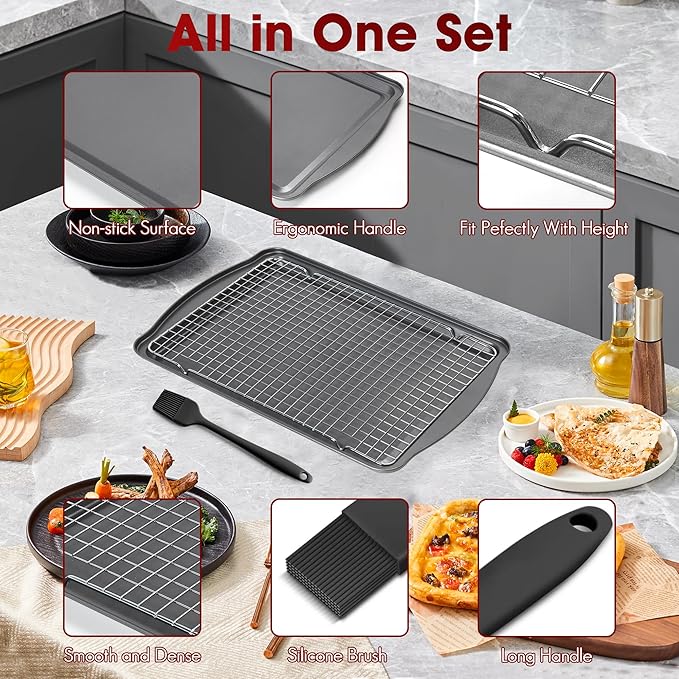 ShineMe Baking Sheet Pan with Cooling Rack 3 Pack, Nonstick Sheet Pan with Wire Rack and Silicone Pastry Brush, Carbon Steel Baking Pans for Cookie, Bacon and Vegetables 17x12x0.5in