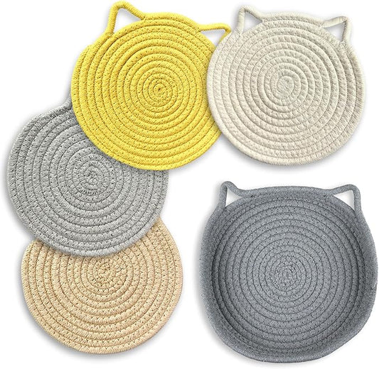 UKJENT 7" Trivets for Hot Dishes - 4 Pcs Cat Shaped Cotton Trivet Mats with Storage Basket, Heat Resistant Hot Pads Pot Holders for Hot Pots & Pans, Kitchen Counter Farmhouse Table Decor Essentials